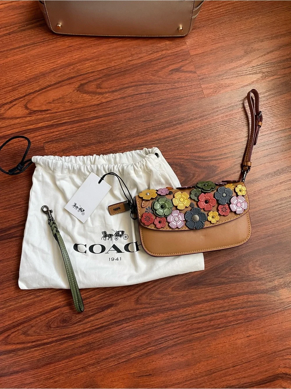 COACH Tan Floral Appliqué Leather Wristlet Clutch with Multicolor Flowers